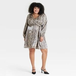Ava & Viv Snakeskin Print Tan Faux Wrap Dress Pockets Plus Size 3X NWOT
